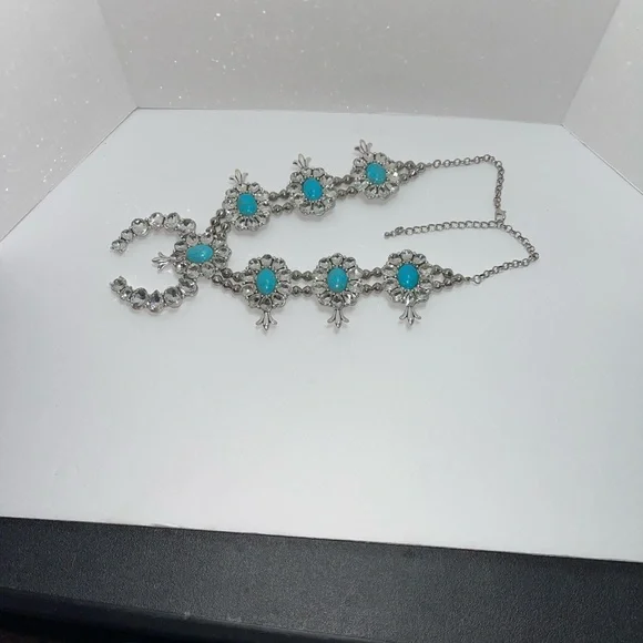 Silver tone squash blossom necklace with rhinestones & faux turquoise - Picture 7 of 13